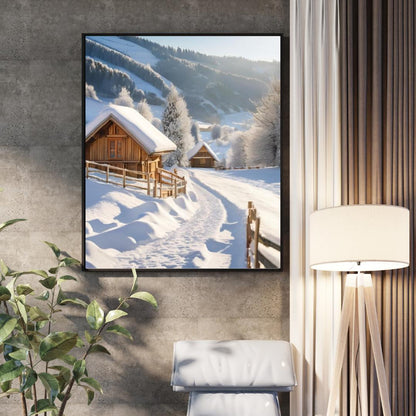 Affiche Numérique Chalets dans la Campagne Enneigée, Art Mural Hiver, Poster Nature, Paysage, Décor de Neige, Format A2 : 42 x 59,4 cm