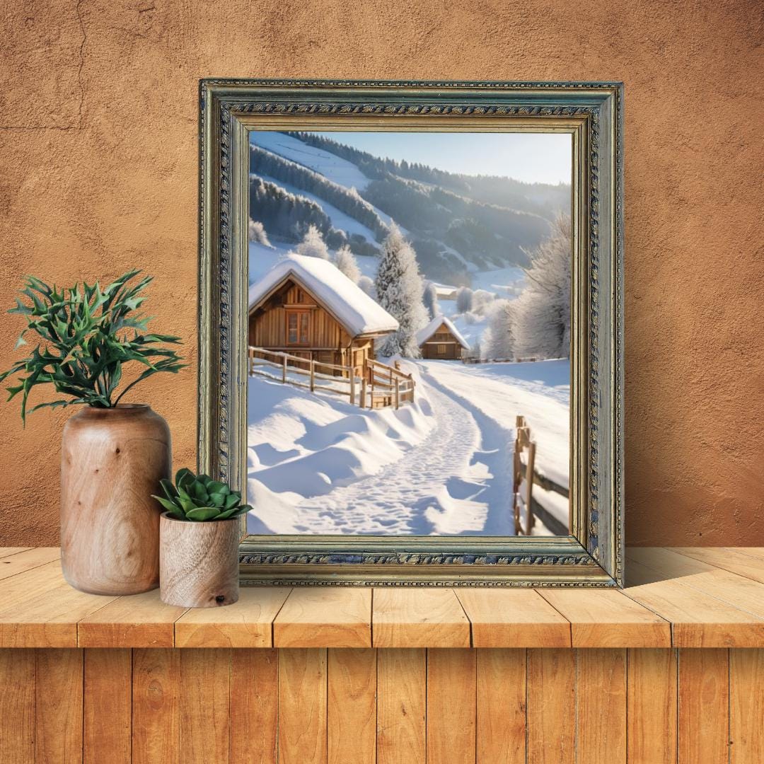 Affiche Numérique Chalets dans la Campagne Enneigée, Art Mural Hiver, Poster Nature, Paysage, Décor de Neige, Format A2 : 42 x 59,4 cm