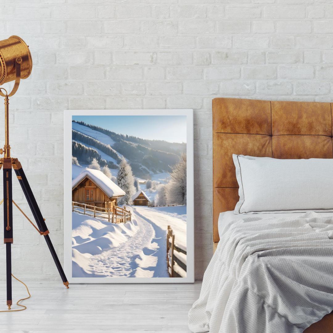 Affiche Numérique Chalets dans la Campagne Enneigée, Art Mural Hiver, Poster Nature, Paysage, Décor de Neige, Format A2 : 42 x 59,4 cm