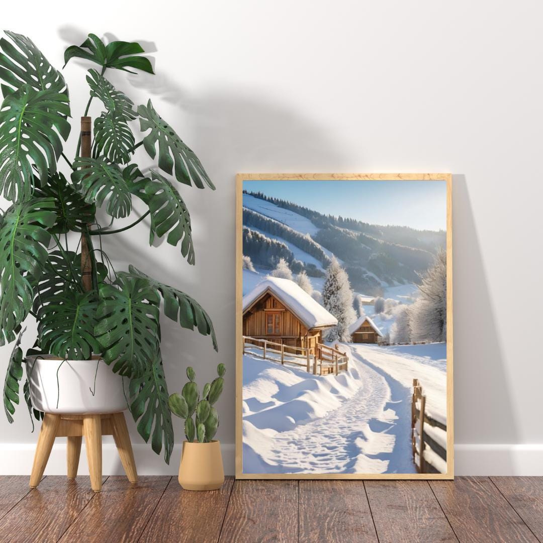 Affiche Numérique Chalets dans la Campagne Enneigée, Art Mural Hiver, Poster Nature, Paysage, Décor de Neige, Format A2 : 42 x 59,4 cm