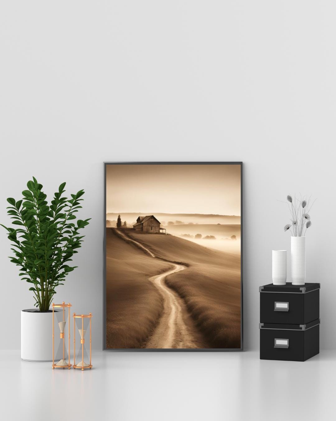 Sepia Landscape Digital Poster, Chic & Sober Wall Art, Country Poster, Digital Print Meadows and Trees Decor, A2 Size: 42 x 59.4 cm