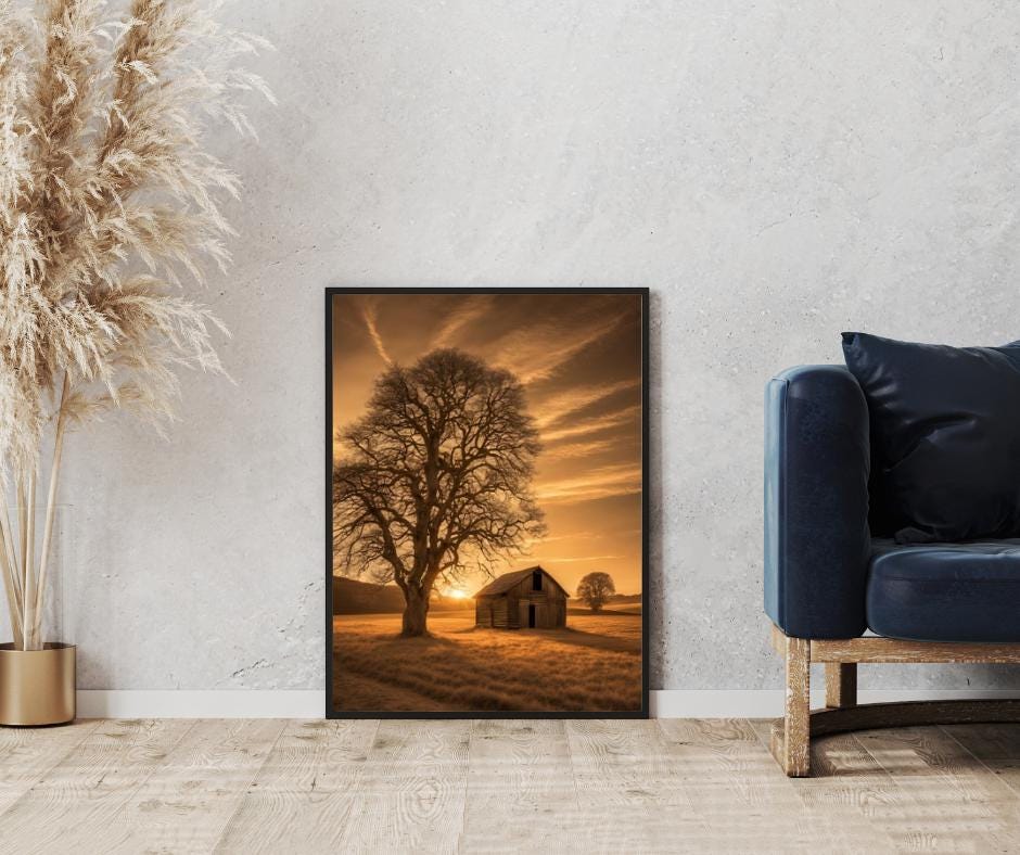 Sepia Landscape Digital Poster, Chic & Sober Wall Art, Country Poster, Digital Print Tree and Barn Decor, A2 Size: 42 x 59,4cm