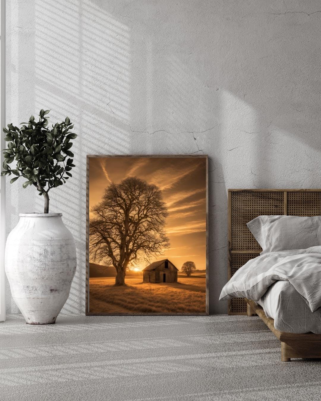 Sepia Landscape Digital Poster, Chic & Sober Wall Art, Country Poster, Digital Print Tree and Barn Decor, A2 Size: 42 x 59,4cm