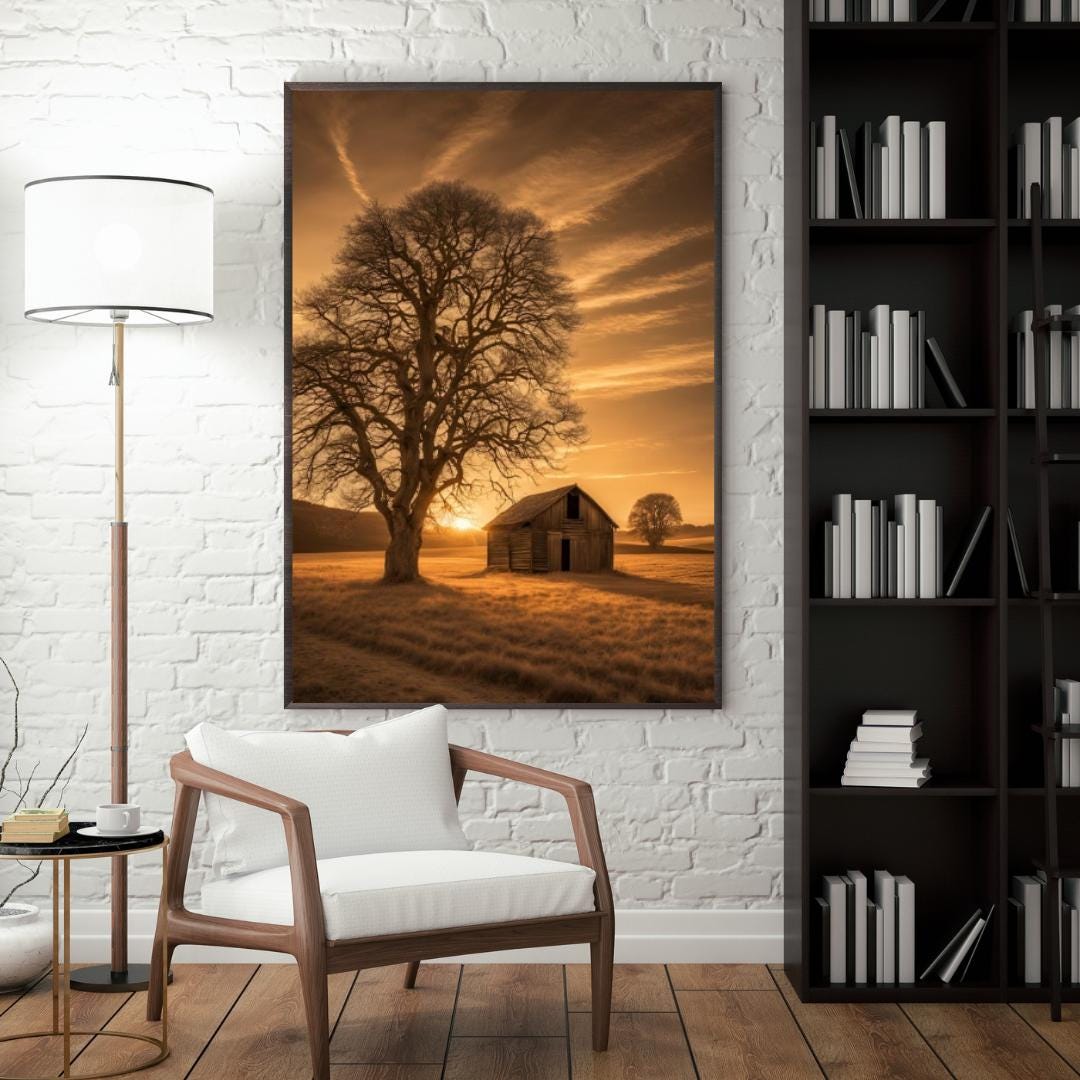 Sepia Landscape Digital Poster, Chic & Sober Wall Art, Country Poster, Digital Print Tree and Barn Decor, A2 Size: 42 x 59,4cm