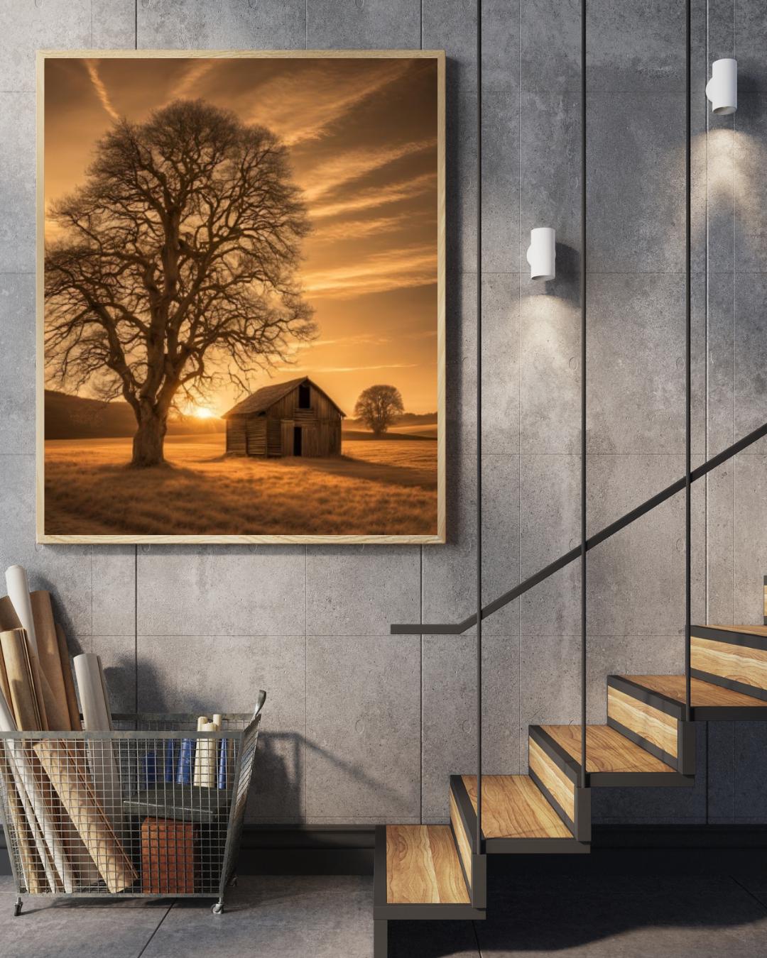 Sepia Landscape Digital Poster, Chic & Sober Wall Art, Country Poster, Digital Print Tree and Barn Decor, A2 Size: 42 x 59,4cm