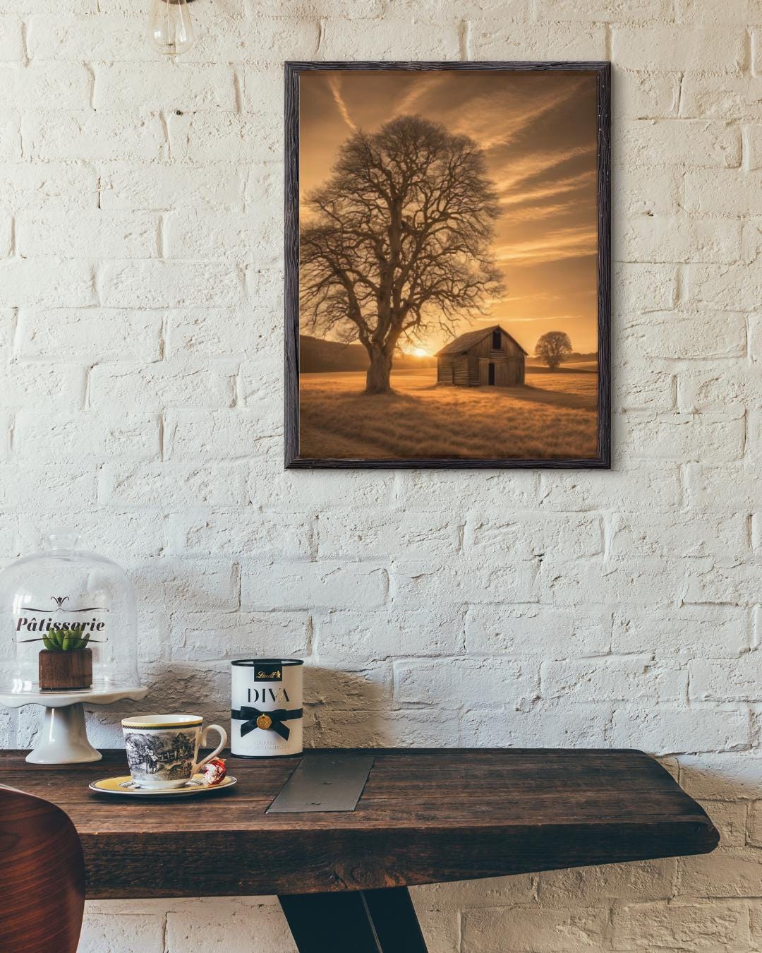 Sepia Landscape Digital Poster, Chic & Sober Wall Art, Country Poster, Digital Print Tree and Barn Decor, A2 Size: 42 x 59,4cm