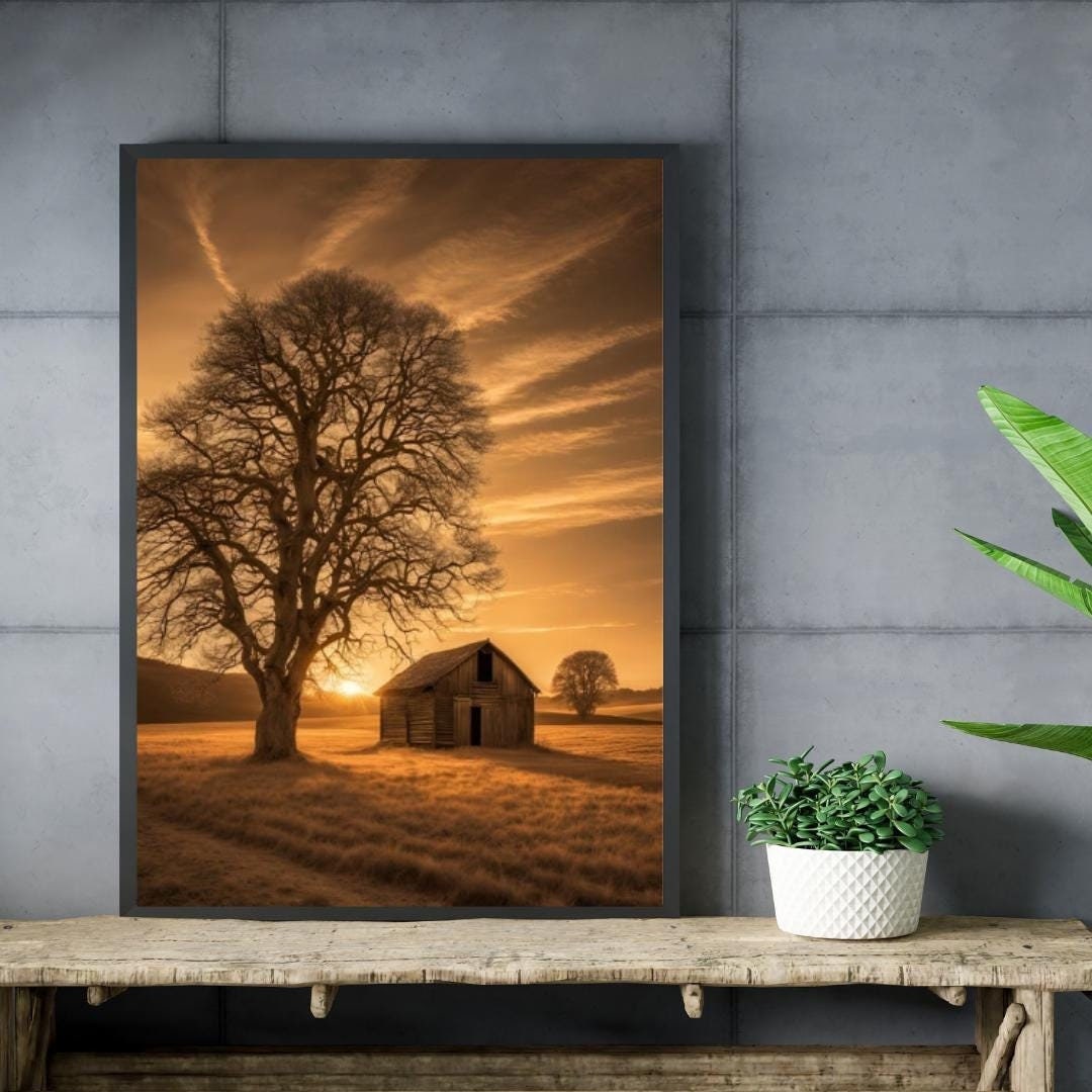 Sepia Landscape Digital Poster, Chic & Sober Wall Art, Country Poster, Digital Print Tree and Barn Decor, A2 Size: 42 x 59,4cm