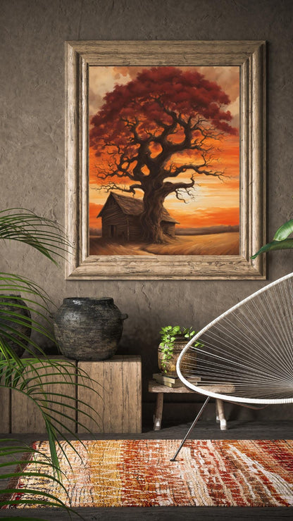 Affiche Numérique Paysage Sépia, Art Mural Chic & Sobre, Poster Campagne, Impression numérique Décor Arbre et Grange, Format A2: 42 x 59,4cm