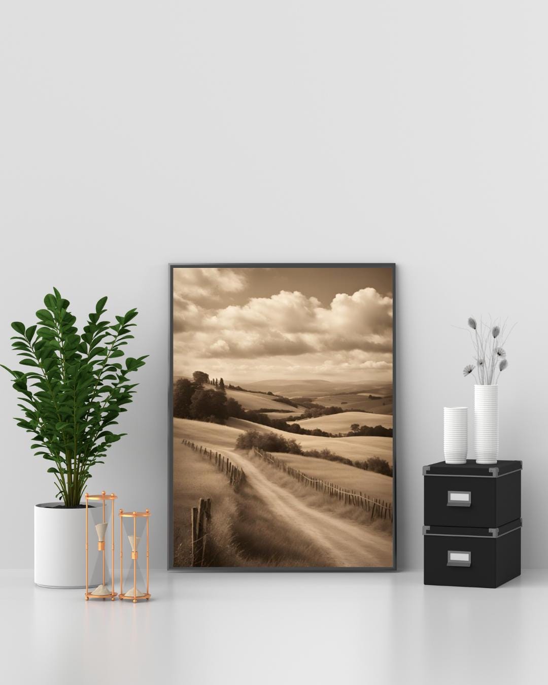 Sepia Landscape Digital Poster, Chic & Sober Wall Art, Country Poster, Digital Print Meadows and Trees Decor, A2 Size: 42 x 59.4 cm