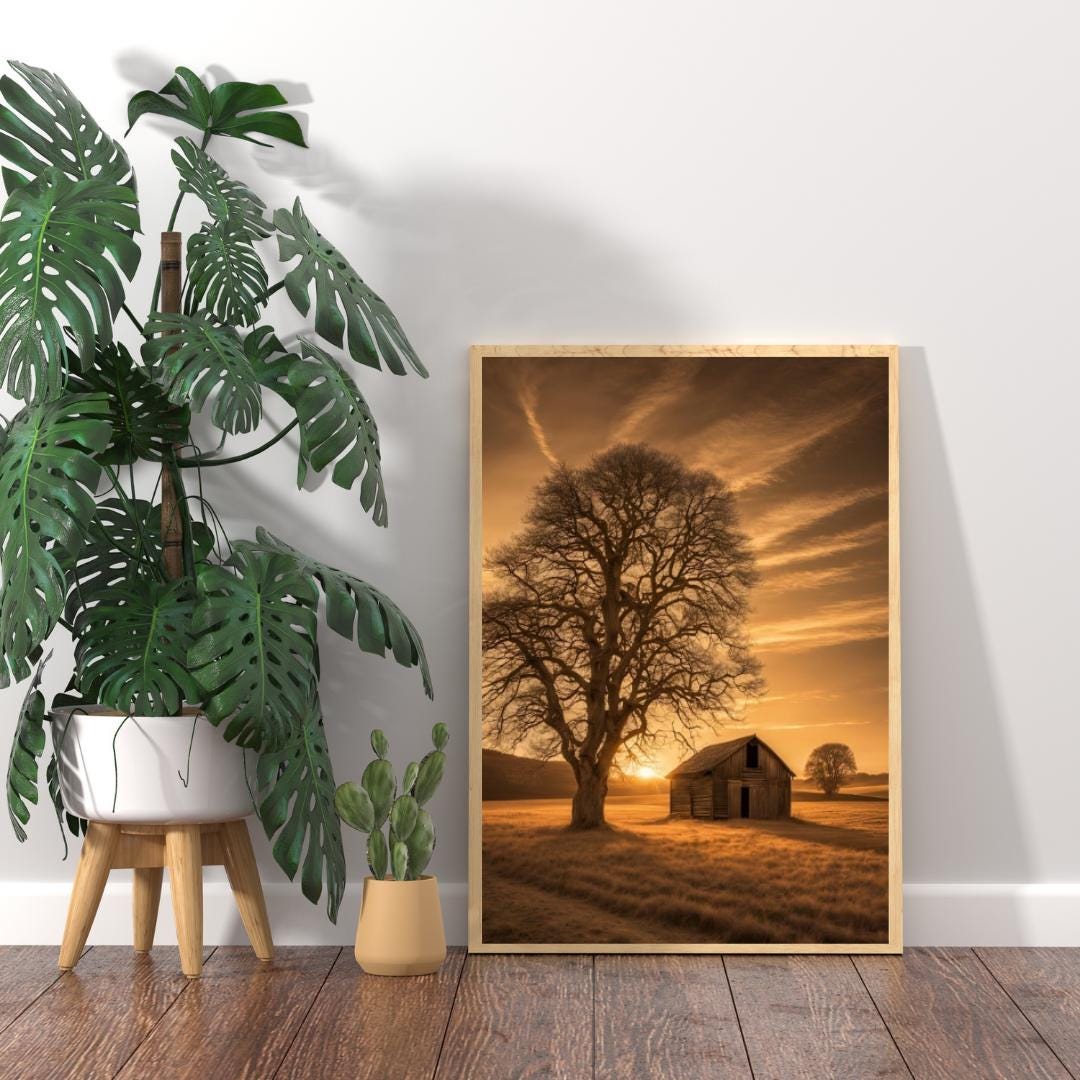 Sepia Landscape Digital Poster, Chic & Sober Wall Art, Country Poster, Digital Print Tree and Barn Decor, A2 Size: 42 x 59,4cm