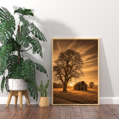 Sepia Landscape Digital Poster, Chic & Sober Wall Art, Country Poster, Digital Print Tree and Barn Decor, A2 Size: 42 x 59,4cm