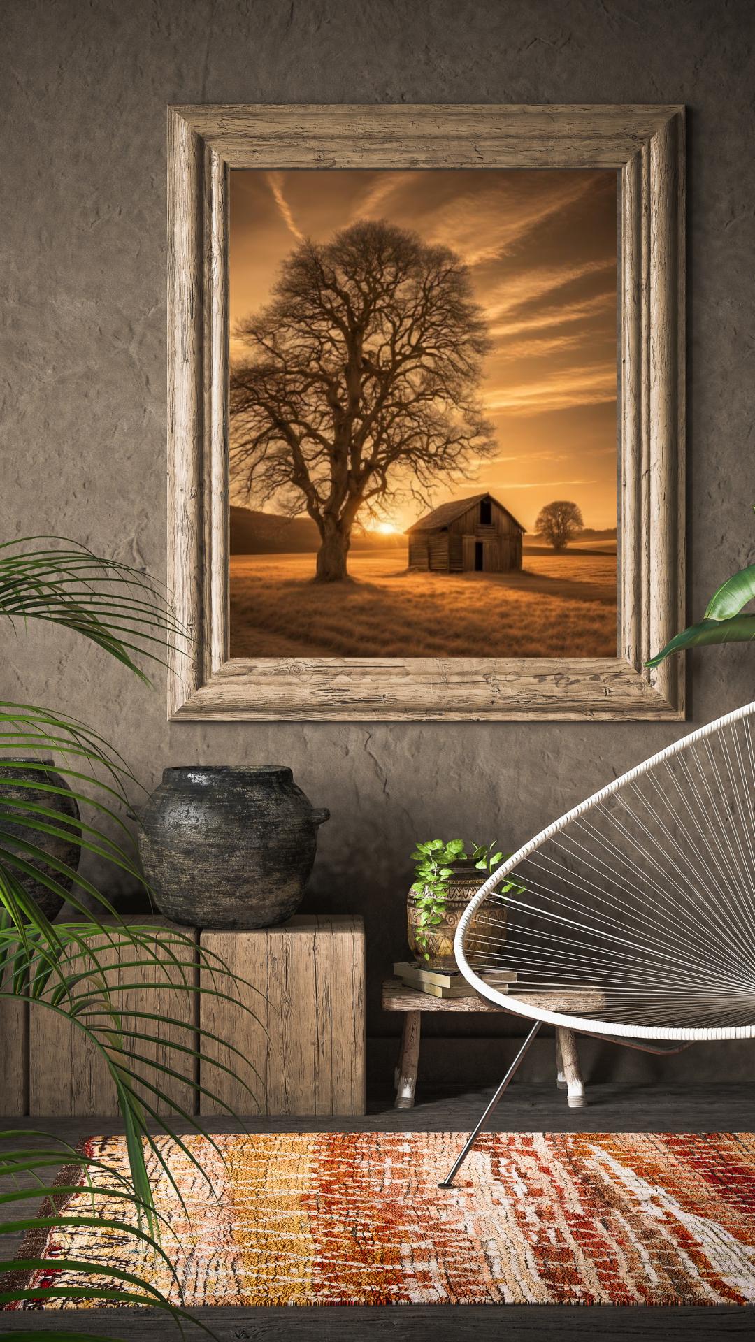 Sepia Landscape Digital Poster, Chic & Sober Wall Art, Country Poster, Digital Print Tree and Barn Decor, A2 Size: 42 x 59,4cm