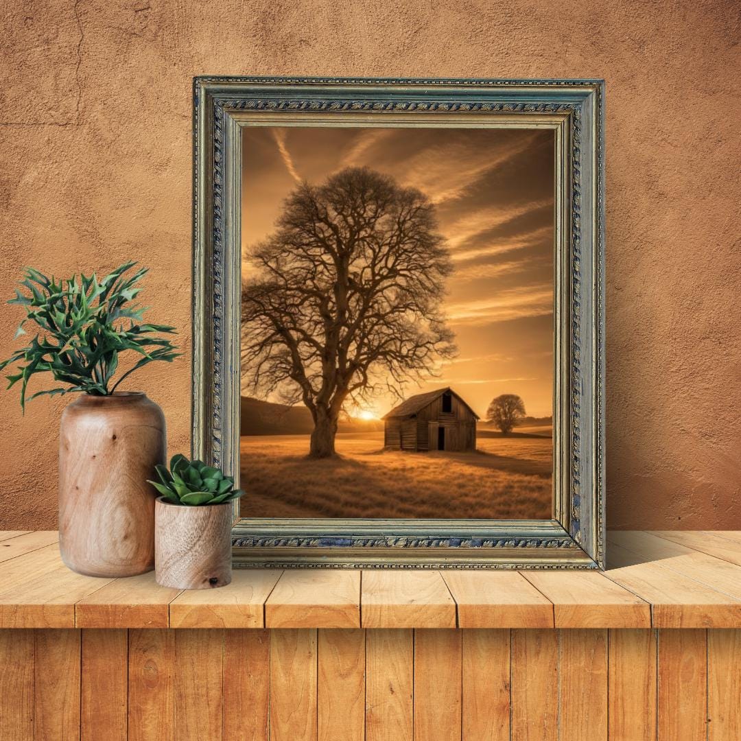 Sepia Landscape Digital Poster, Chic & Sober Wall Art, Country Poster, Digital Print Tree and Barn Decor, A2 Size: 42 x 59,4cm