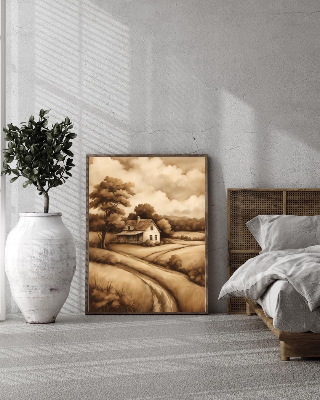 Sepia Landscape Digital Poster, Watercolor Style Wall Art, Countryside Poster, Digital Print House/Meadows/Trees, A2 Size: 42 x 59,4cm