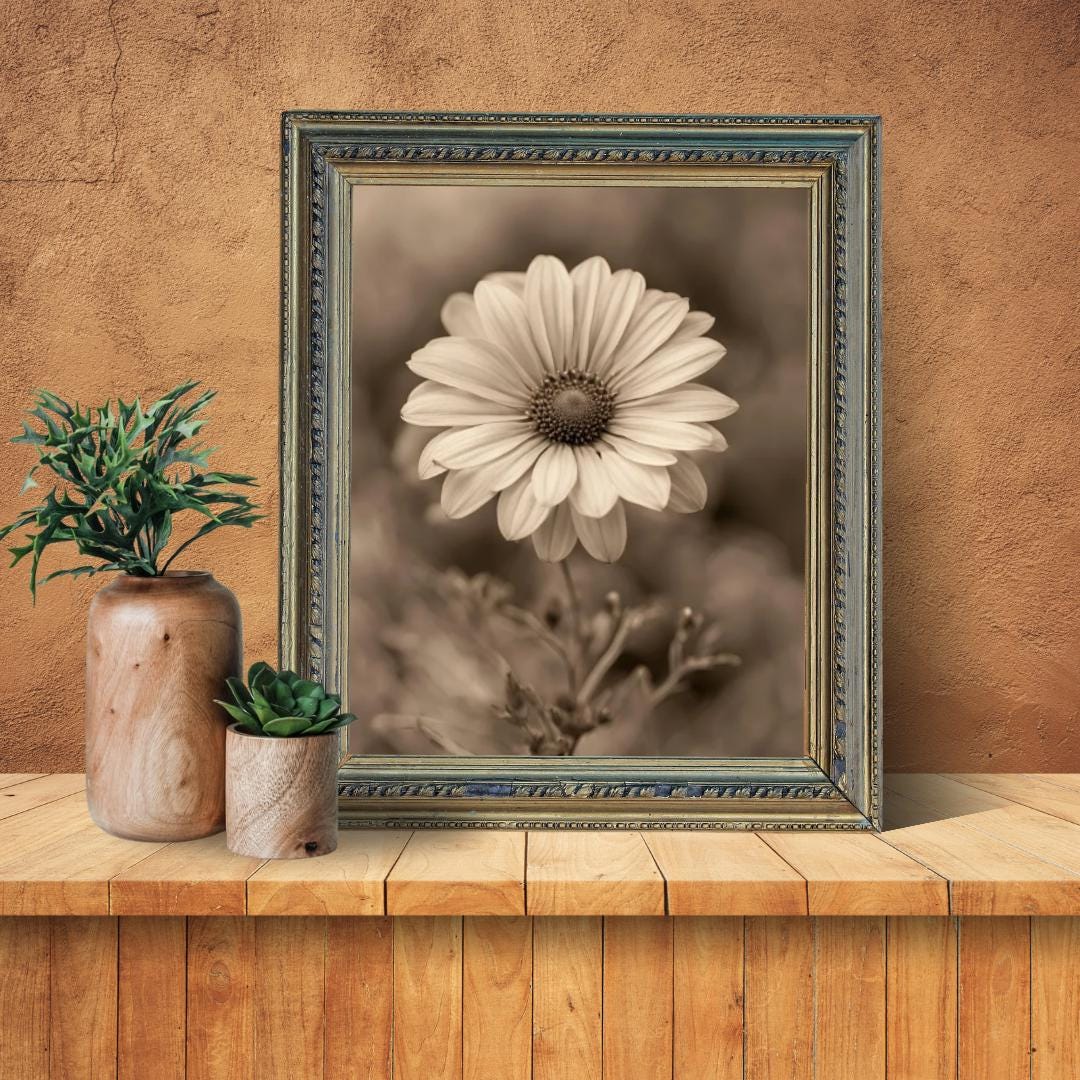 Sepia Flower Digital Poster, Wall Art, Country Decoration, Floral Poster, Retro Print, Bohemian Decoration, A2 Format: 42 x 59.4cm