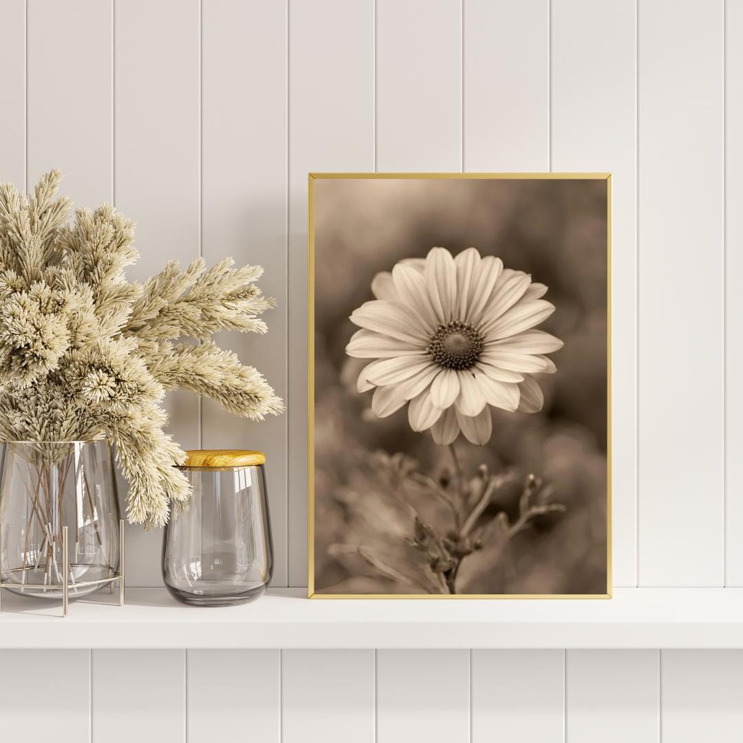 Sepia Flower Digital Poster, Wall Art, Country Decoration, Floral Poster, Retro Print, Bohemian Decoration, A2 Format: 42 x 59.4cm