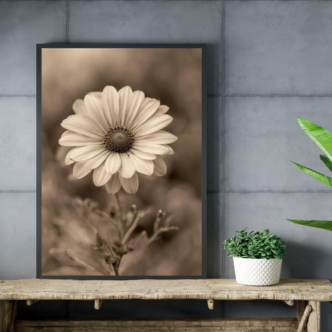 Sepia Flower Digital Poster, Wall Art, Country Decoration, Floral Poster, Retro Print, Bohemian Decoration, A2 Format: 42 x 59.4cm