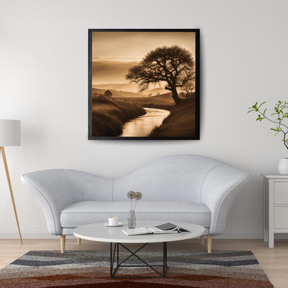 Affiche Numérique Paysage Sépia, Art Mural Chic & Sobre, Poster Campagne, Impression numérique Décor Arbre/Ruisseau, Format : 50,8 x 50,8 cm