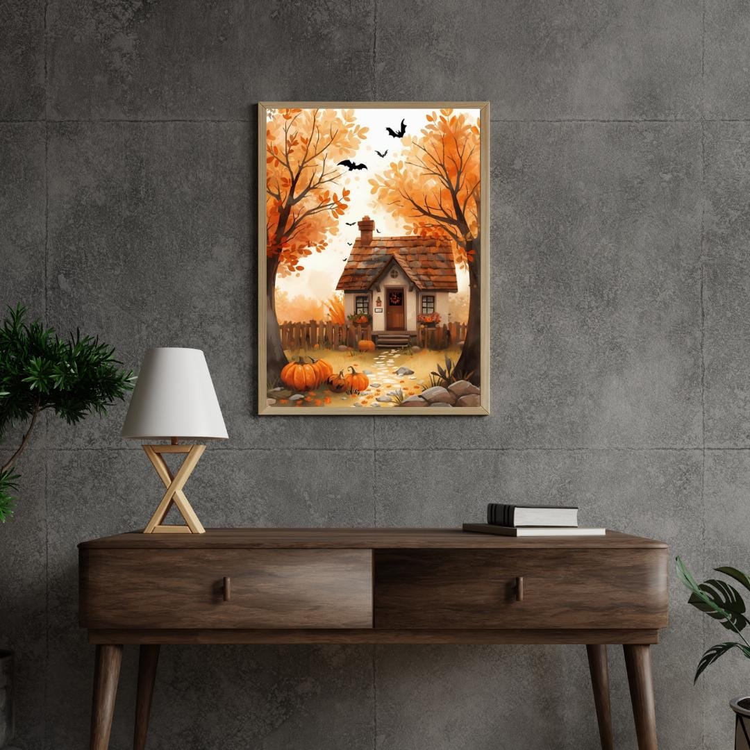 Affiche Imprimée A3 Qualité Premium - Halloween & Scène Automnale, Art Mural, Illustration, Poster Automne, Décoration Murale de Fête