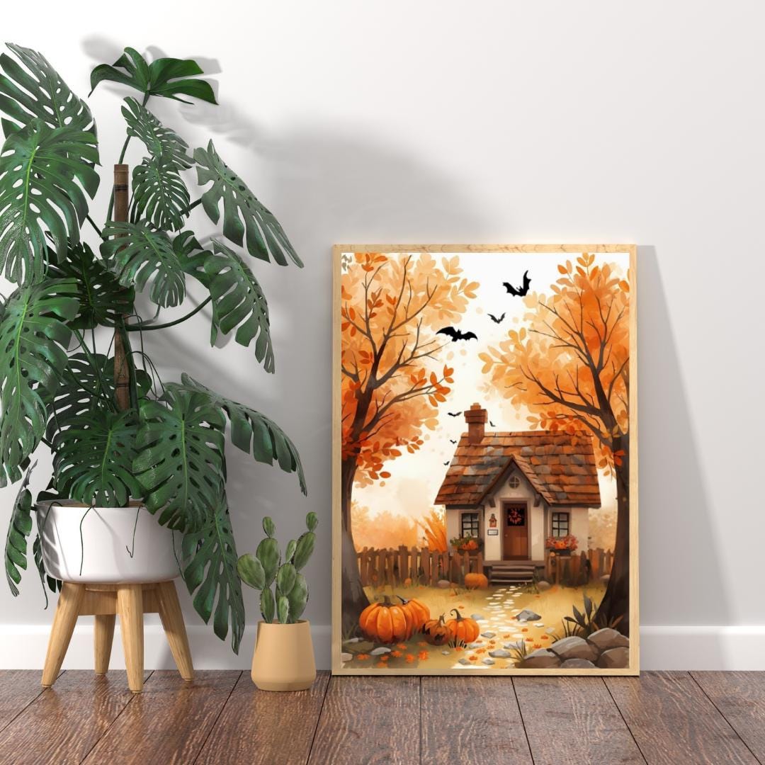 Affiche Imprimée A3 Qualité Premium - Halloween & Scène Automnale, Art Mural, Illustration, Poster Automne, Décoration Murale de Fête