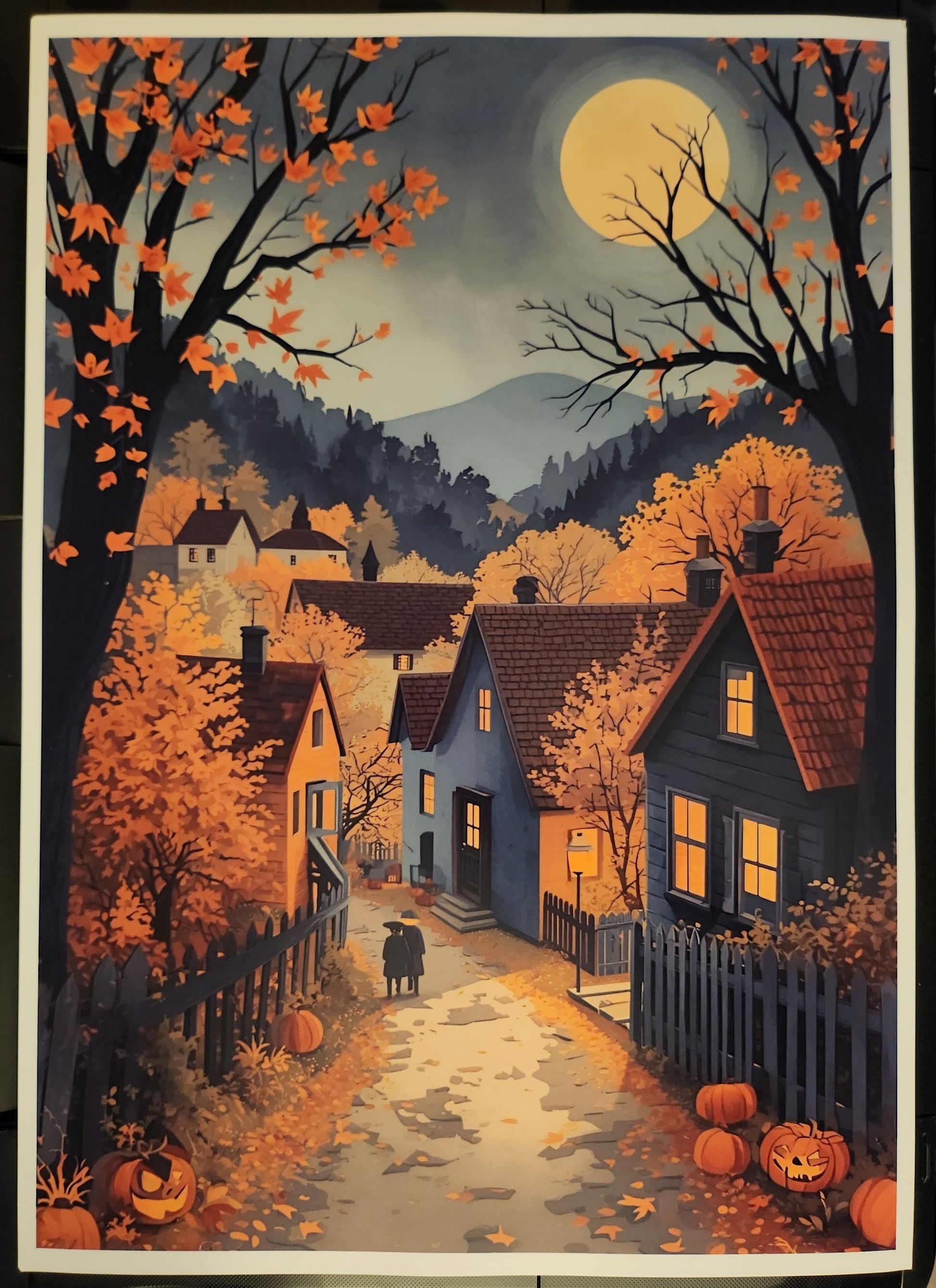 Affiche Imprimée A3 Qualité Premium - Halloween & Scène Automnale Nocturne, Art Mural, Illustration, Poster Automne, Déco Murale Fête