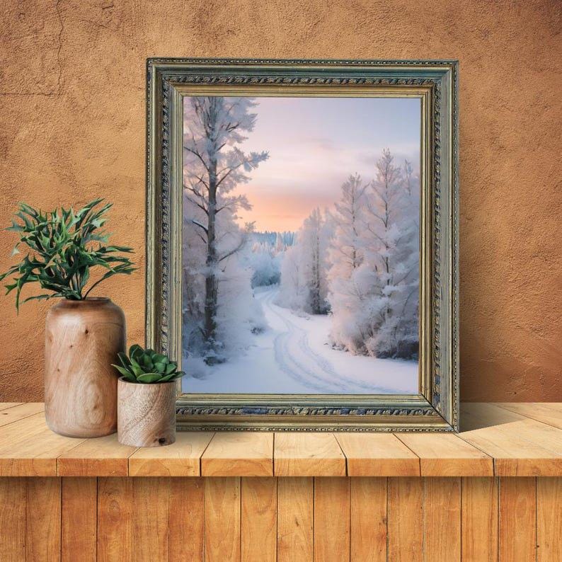 Affiche Imprimée A3 Qualité Premium - Paysage enneigé, Art Mural Hiver, Poster Nature & Neige, Illustration Voyage, Décoration Murale