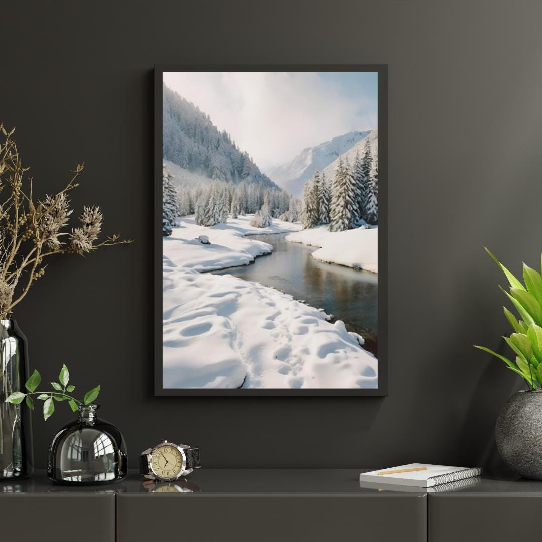 Affiche Imprimée A3 Qualité Premium - Paysage enneigé, Art Mural Hiver, Poster Nature & Neige, Illustration Voyage, Décoration Murale