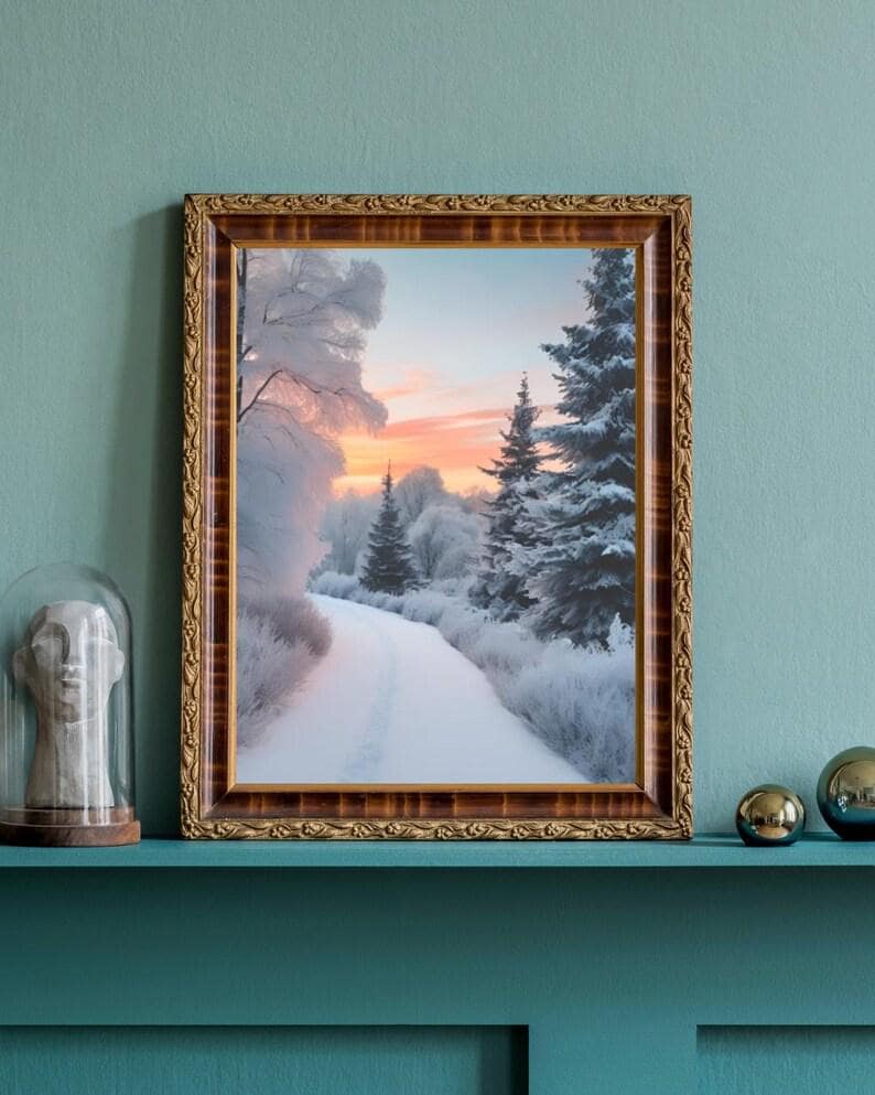 Affiche Imprimée A3 Qualité Premium - Paysage enneigé, Art Mural Hiver, Poster Nature & Neige, Illustration Voyage, Décoration Murale