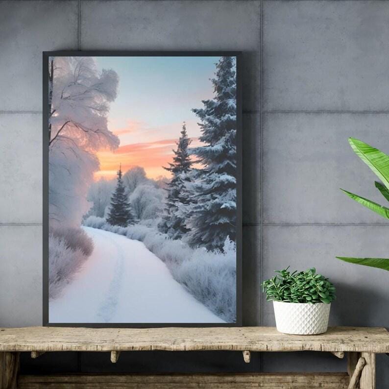 Affiche Imprimée A3 Qualité Premium - Paysage enneigé, Art Mural Hiver, Poster Nature & Neige, Illustration Voyage, Décoration Murale