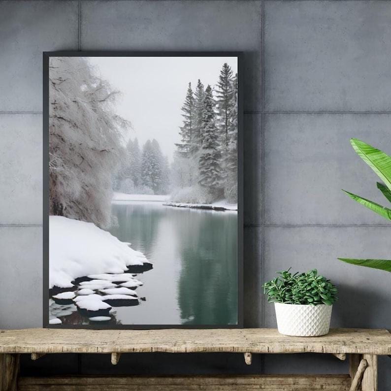 Affiche Imprimée A3 Qualité Premium - Paysage enneigé, Art Mural Hiver, Poster Nature & Neige, Illustration Voyage, Décoration Murale