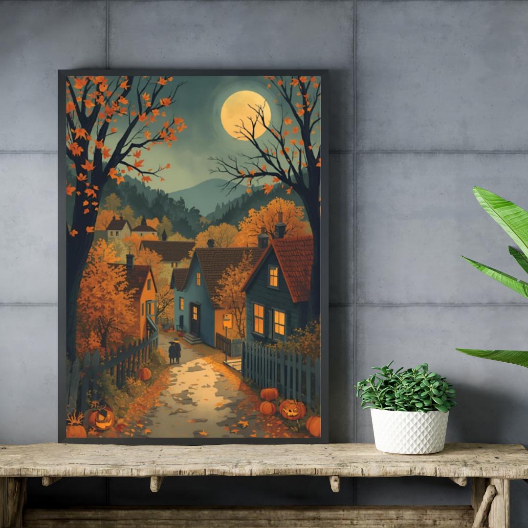 Affiche Imprimée A3 Qualité Premium - Halloween & Scène Automnale Nocturne, Art Mural, Illustration, Poster Automne, Déco Murale Fête