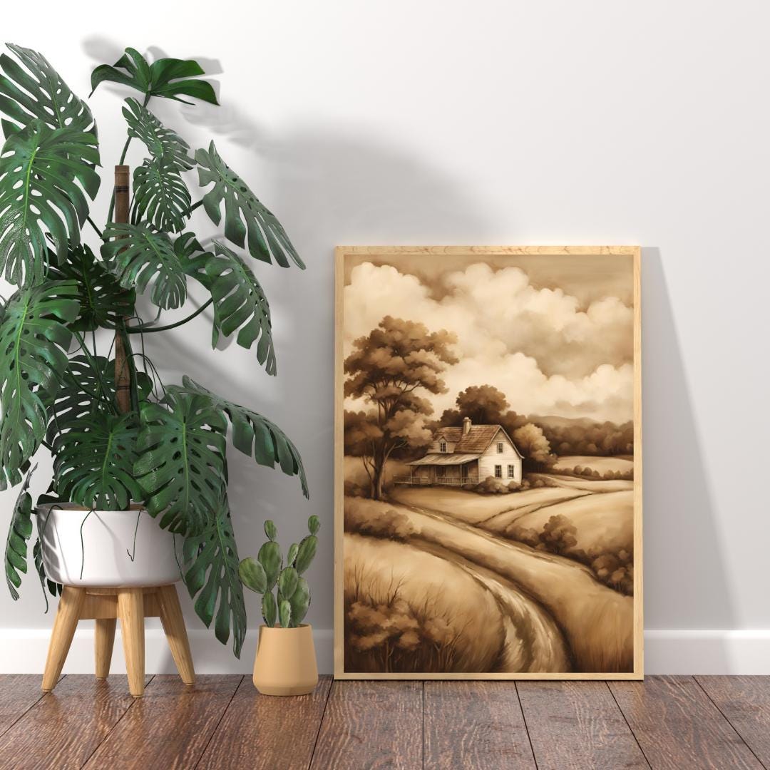Affiche Imprimée A3 Qualité Premium - Paysage Sépia, Art Mural Style Aquarelle, Poster Campagne, Impression Minimaliste, Décoration Maison