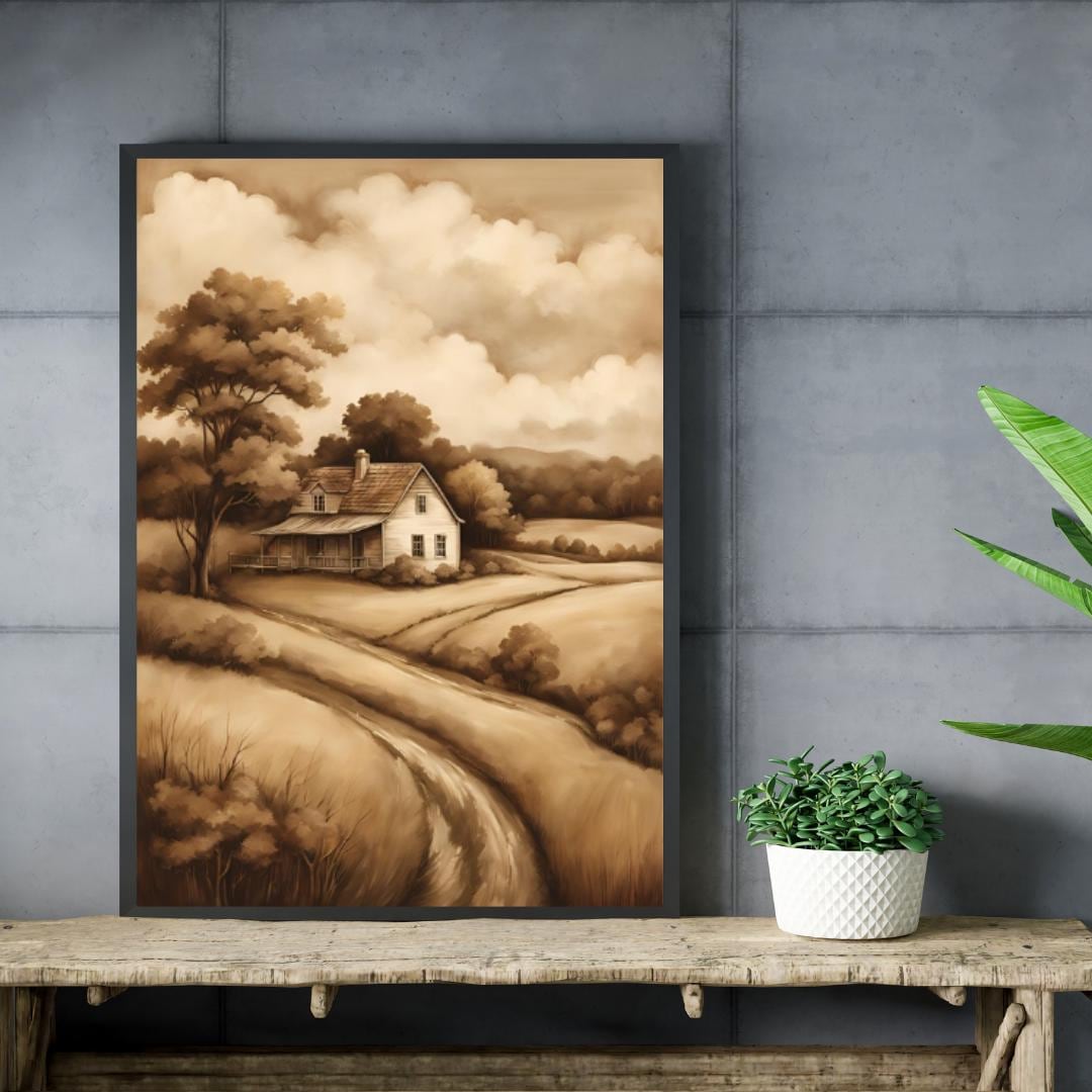 Affiche Imprimée A3 Qualité Premium - Paysage Sépia, Art Mural Style Aquarelle, Poster Campagne, Impression Minimaliste, Décoration Maison