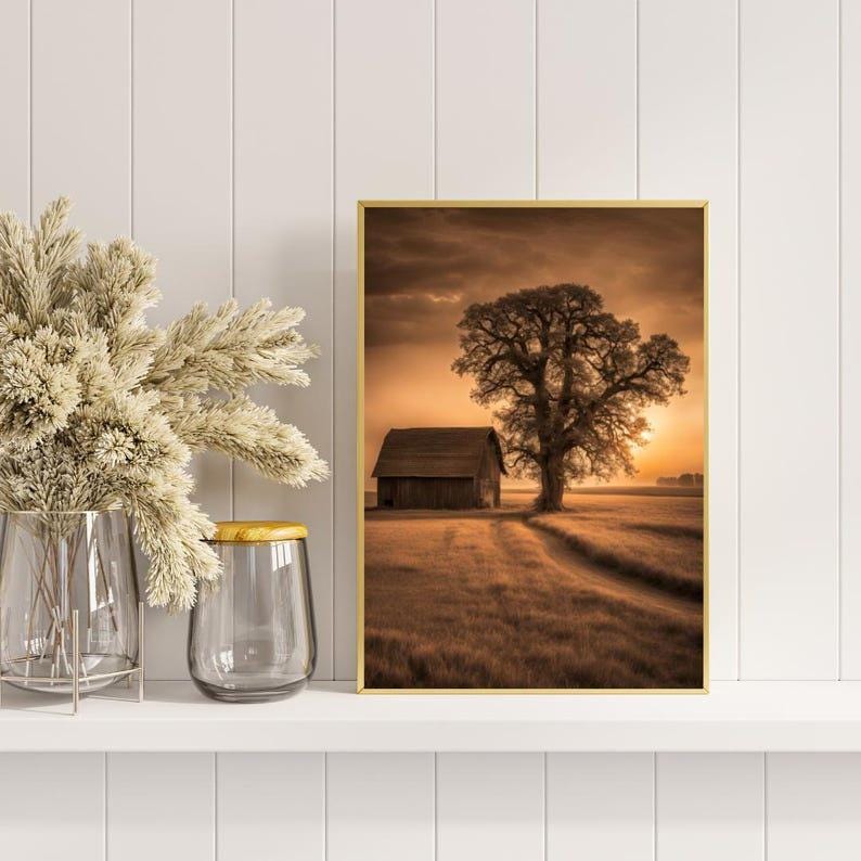 Affiche Imprimée A3 Qualité Premium - Paysage Sépia, Art Mural Style Aquarelle, Poster Campagne, Impression Minimaliste, Décoration Maison