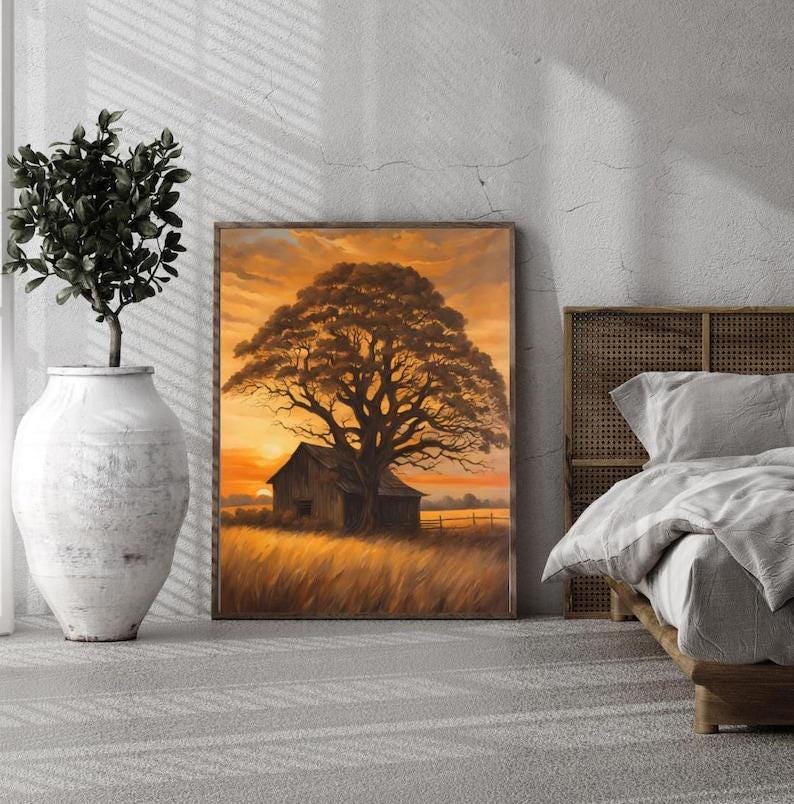 Affiche Imprimée A3 Qualité Premium - Paysage Sépia, Art Mural Style Aquarelle, Poster Campagne, Impression Minimaliste, Décoration Maison