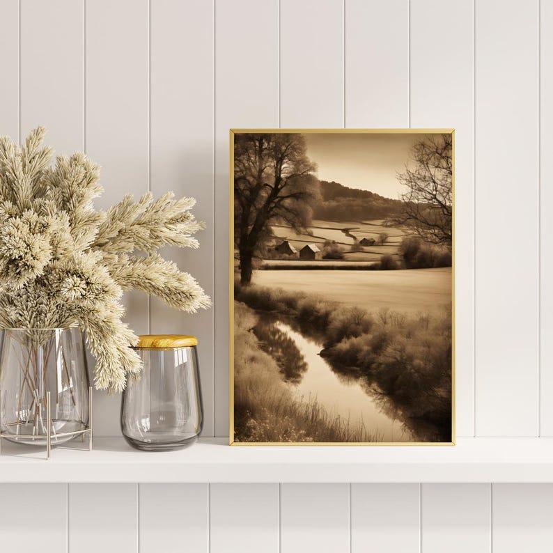 Affiche Imprimée A3 Qualité Premium - Paysage Sépia, Art Mural Style Aquarelle, Poster Campagne, Impression Minimaliste, Décoration Maison