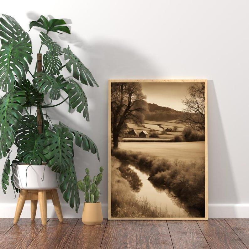 Affiche paysage sépia vintage – Poster nature rétro – Décoration murale artistique – Art mural ancien – Impression photo sépia