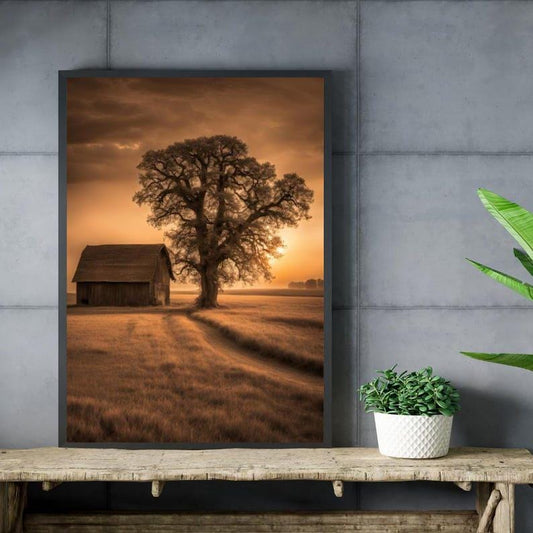 Affiche Imprimée A3 Qualité Premium - Paysage Sépia, Art Mural Style Aquarelle, Poster Campagne, Impression Minimaliste, Décoration Maison