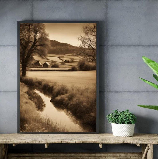Affiche Imprimée A3 Qualité Premium - Paysage Sépia, Art Mural Style Aquarelle, Poster Campagne, Impression Minimaliste, Décoration Maison