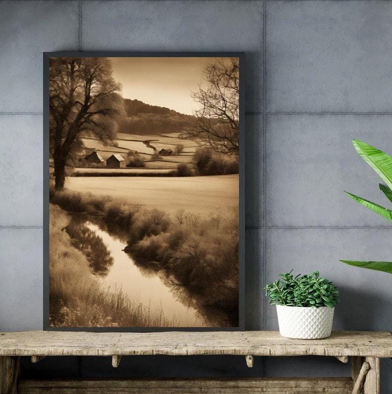 Affiche paysage sépia vintage – Poster nature rétro – Décoration murale artistique – Art mural ancien – Impression photo sépia