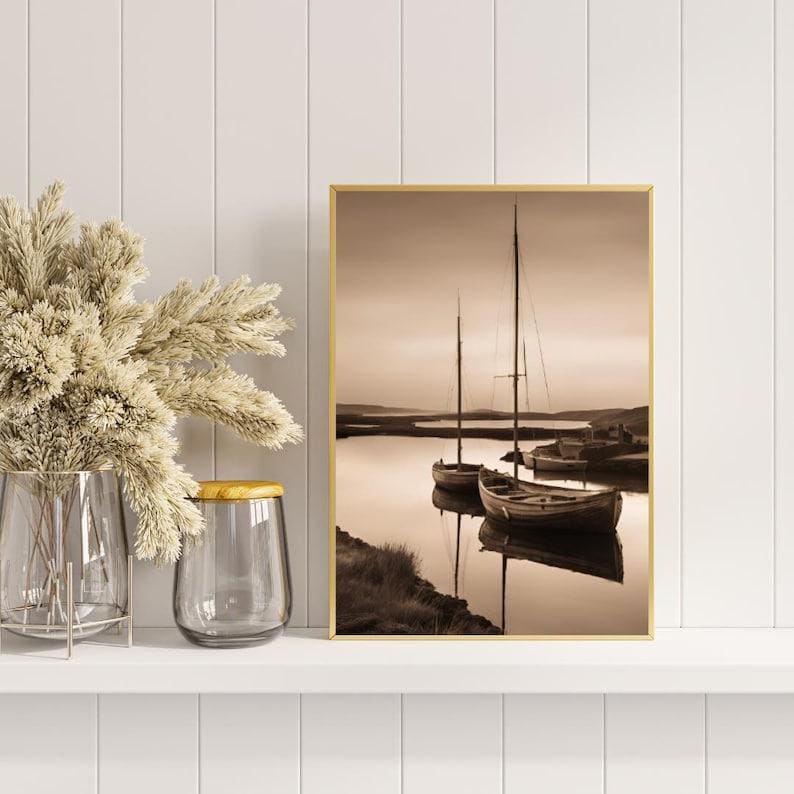 Affiche Imprimée A3 Qualité Premium - Paysage Sépia, Art Mural Côtier Mer, Poster Marin & Pêche, Impression Minimaliste, Décoration Maison