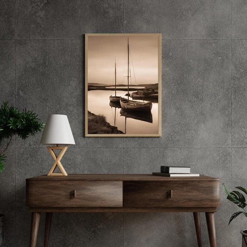 Affiche Imprimée A3 Qualité Premium - Paysage Sépia, Art Mural Côtier Mer, Poster Marin & Pêche, Impression Minimaliste, Décoration Maison