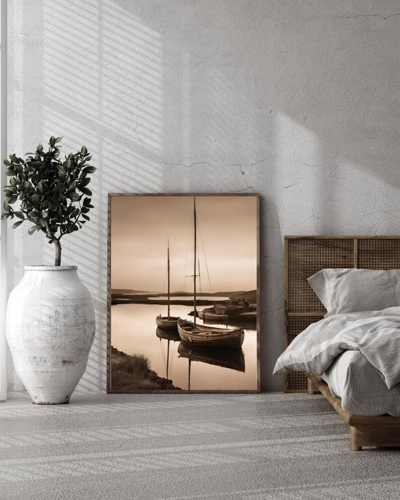 Affiche Imprimée A3 Qualité Premium - Paysage Sépia, Art Mural Côtier Mer, Poster Marin & Pêche, Impression Minimaliste, Décoration Maison