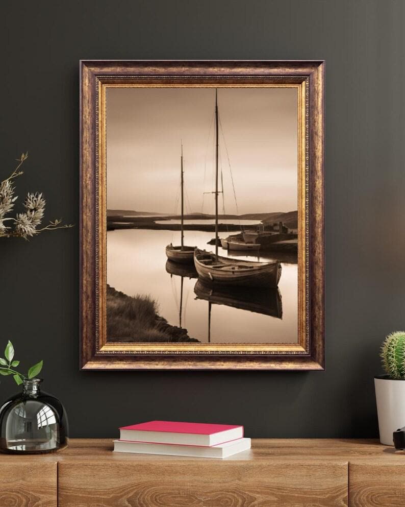 Affiche Imprimée A3 Qualité Premium - Paysage Sépia, Art Mural Côtier Mer, Poster Marin & Pêche, Impression Minimaliste, Décoration Maison