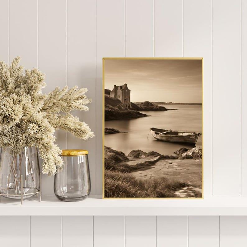 Affiche Imprimée A3 Qualité Premium - Paysage Sépia, Art Mural Côtier Mer, Poster Marin & Pêche, Impression Minimaliste, Décoration Maison