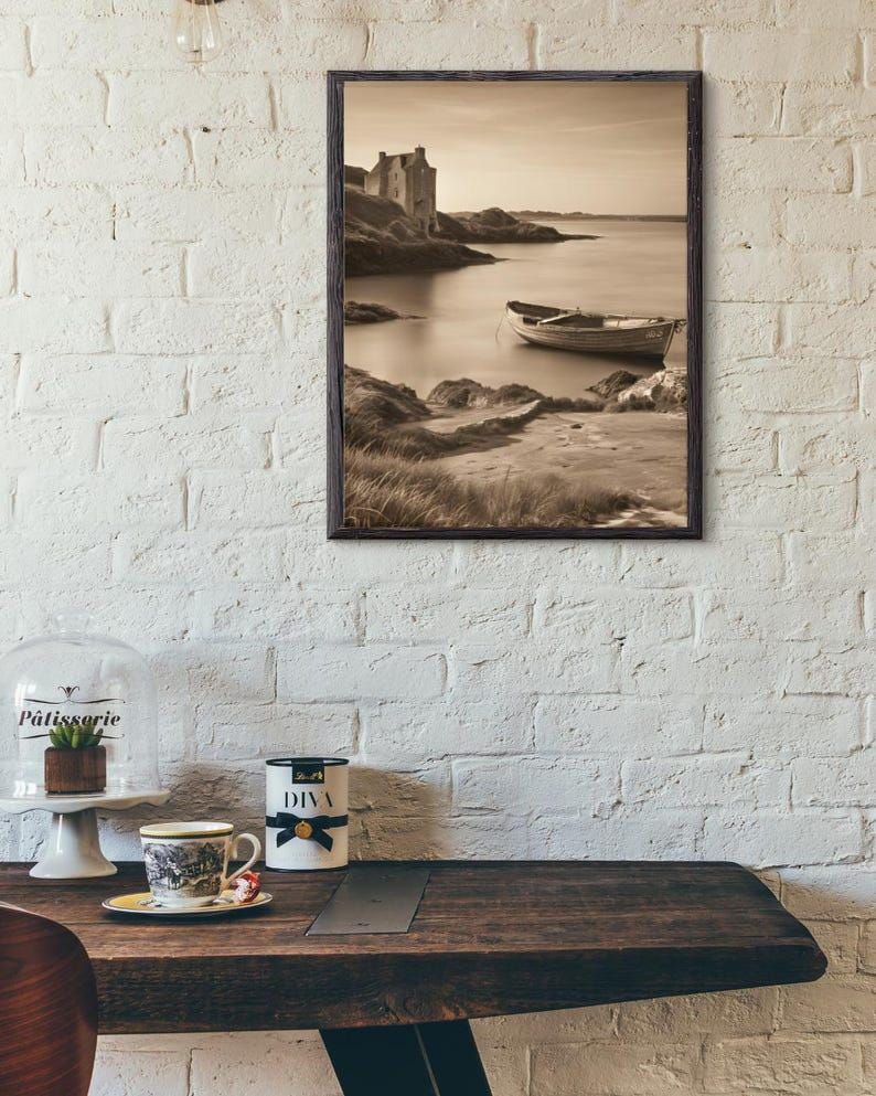Affiche Imprimée A3 Qualité Premium - Paysage Sépia, Art Mural Côtier Mer, Poster Marin & Pêche, Impression Minimaliste, Décoration Maison