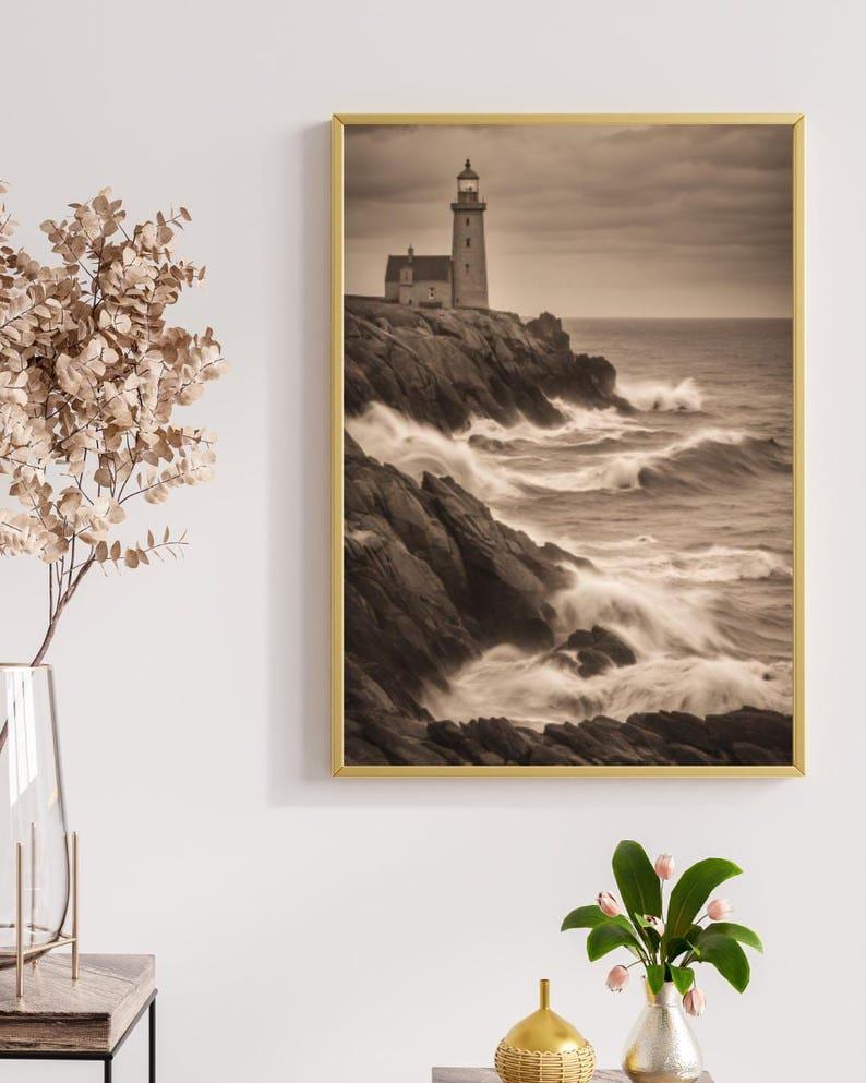 Affiche Imprimée A3 Qualité Premium - Paysage Sépia, Art Mural Côtier Mer, Poster Marin & Pêche, Impression Minimaliste, Décoration Maison