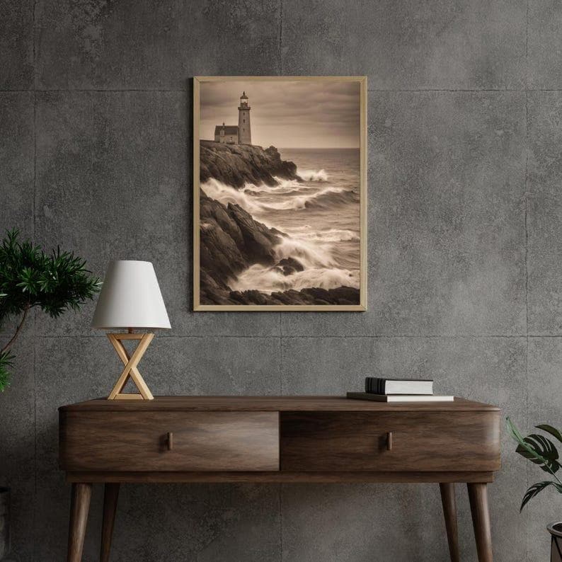 Affiche Imprimée A3 Qualité Premium - Paysage Sépia, Art Mural Côtier Mer, Poster Marin & Pêche, Impression Minimaliste, Décoration Maison