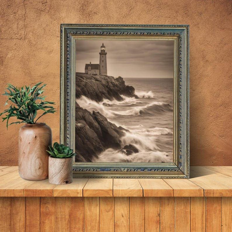 Affiche Imprimée A3 Qualité Premium - Paysage Sépia, Art Mural Côtier Mer, Poster Marin & Pêche, Impression Minimaliste, Décoration Maison