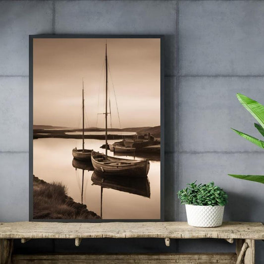 Affiche Imprimée A3 Qualité Premium - Paysage Sépia, Art Mural Côtier Mer, Poster Marin & Pêche, Impression Minimaliste, Décoration Maison